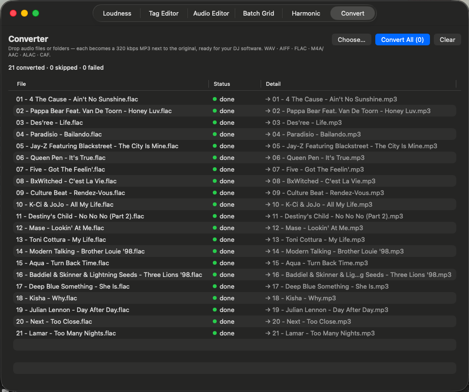 CrateEdit Pro Audio Converter converting a folder of FLAC files to 320 kbps MP3