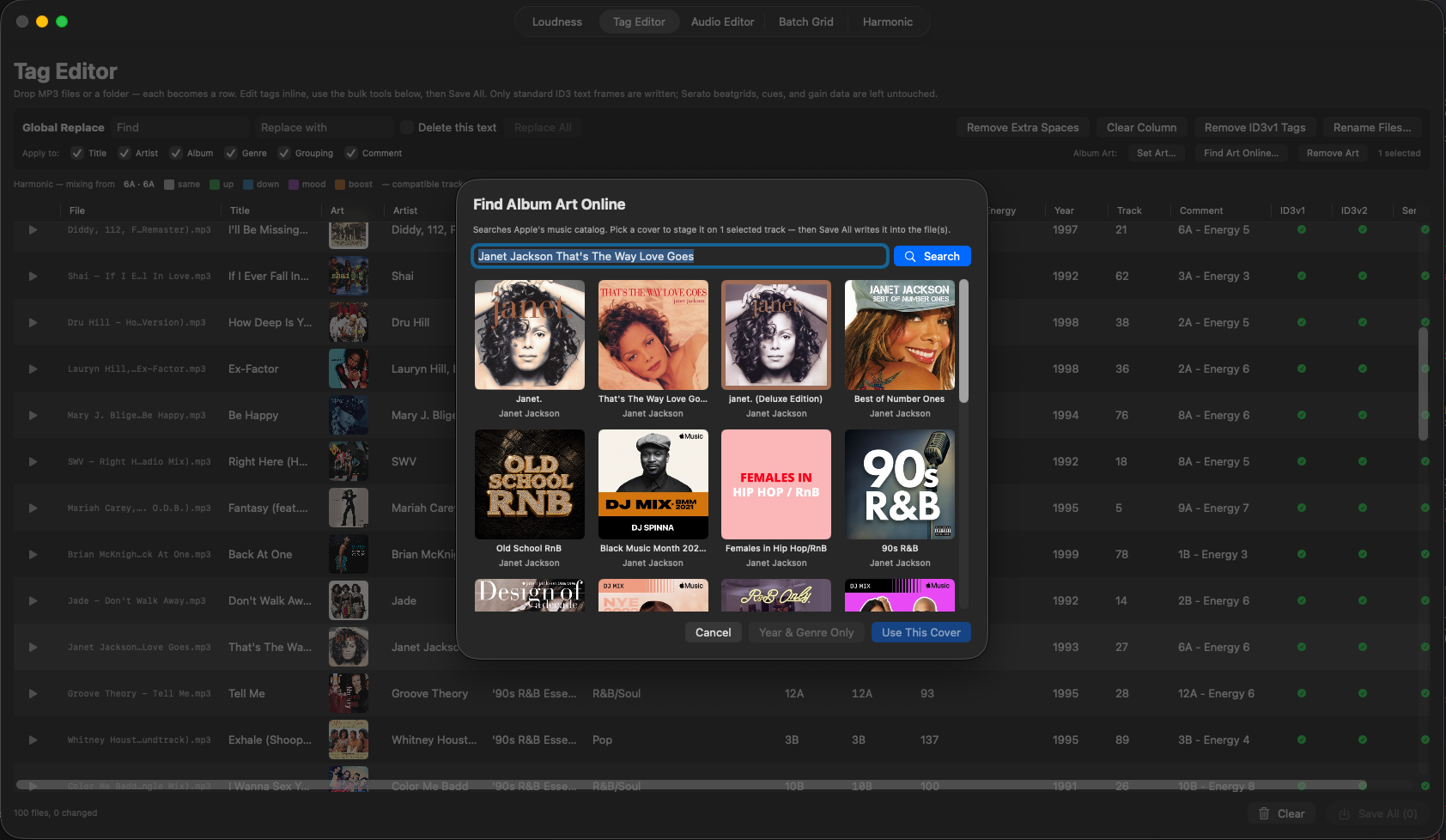 Find Album Art: searching Apple's music catalog inside the Tag Editor to set a cover